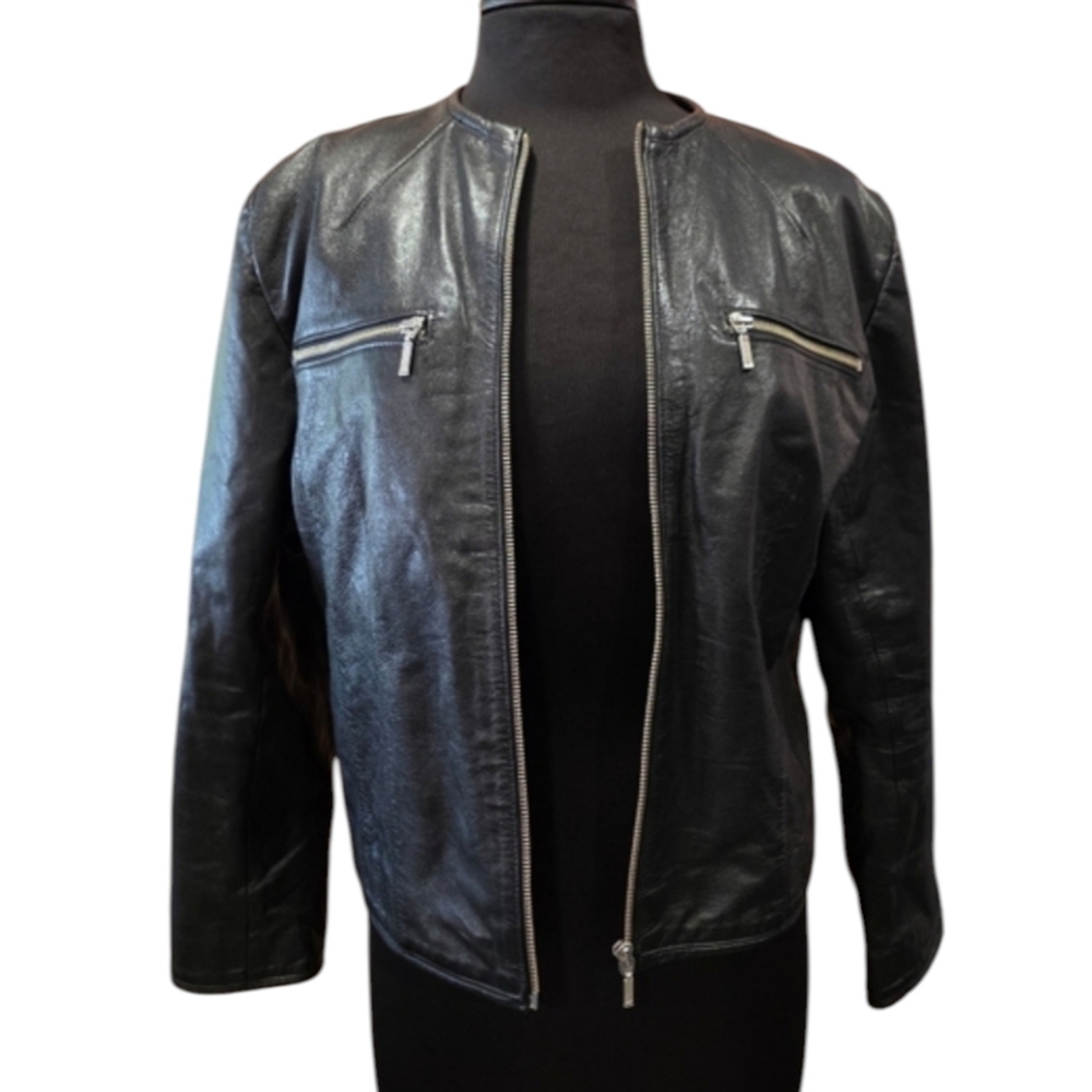 Vintage Y2K Large Kit Black Genuine Leather Moto Jacket Classic Silver Zippers